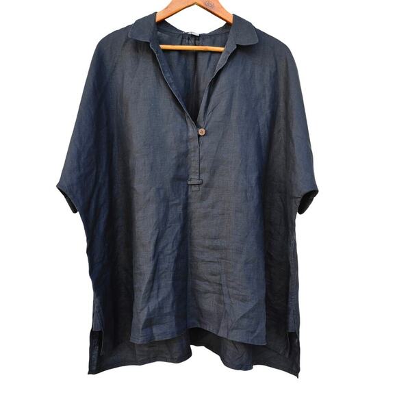 GO BY GO SILK Tops - Go Silk 100% Linen Boxy Oversized Tunic Top Black Size L
